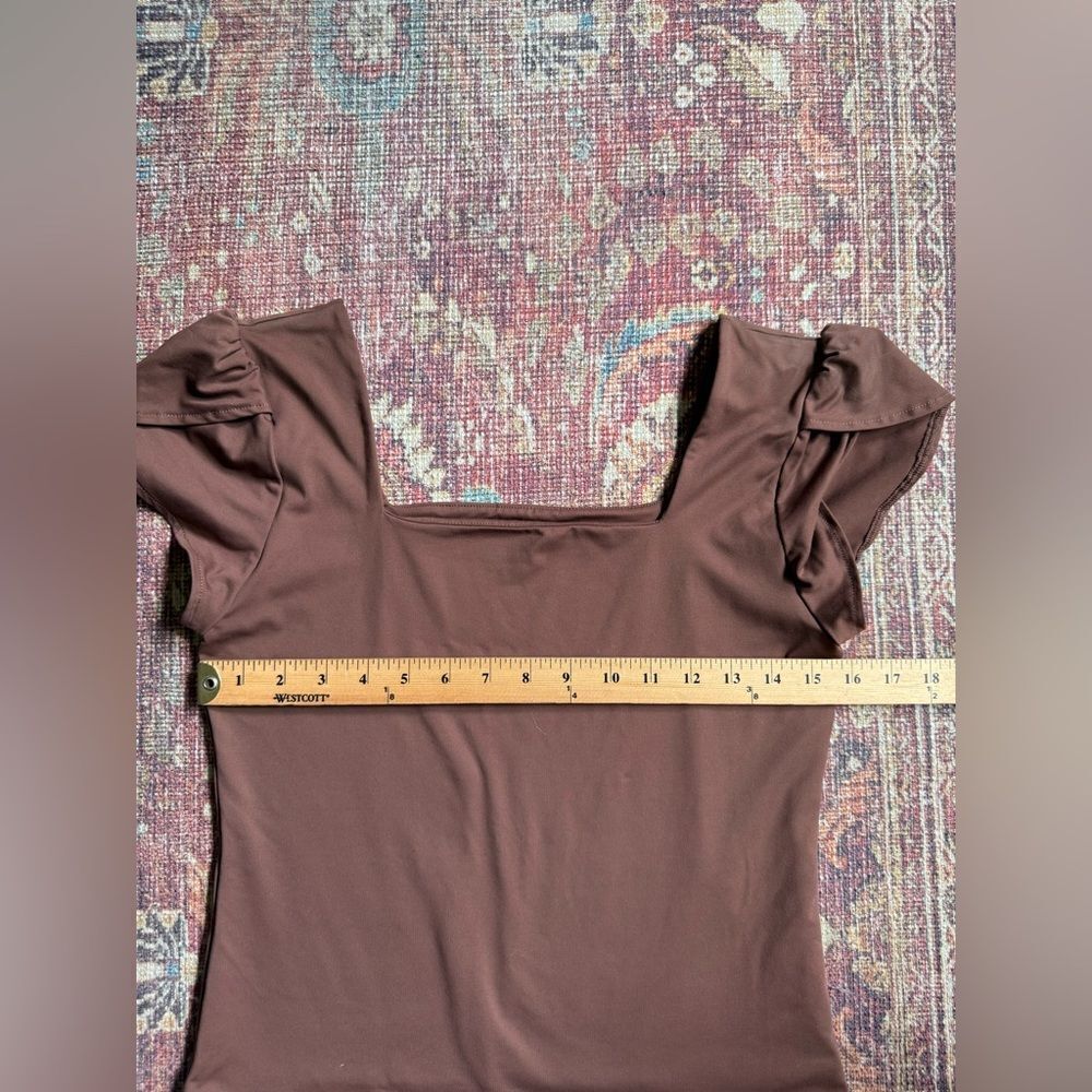 Large PinkmStyle Women’s Brown double lined Tulip sleeve square neck bodysuit - Picture 4 of 8